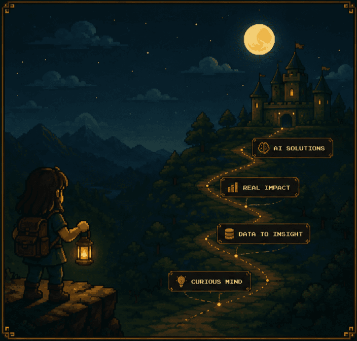 Pixel-art adventure landscape representing a journey from curiosity to AI solutions